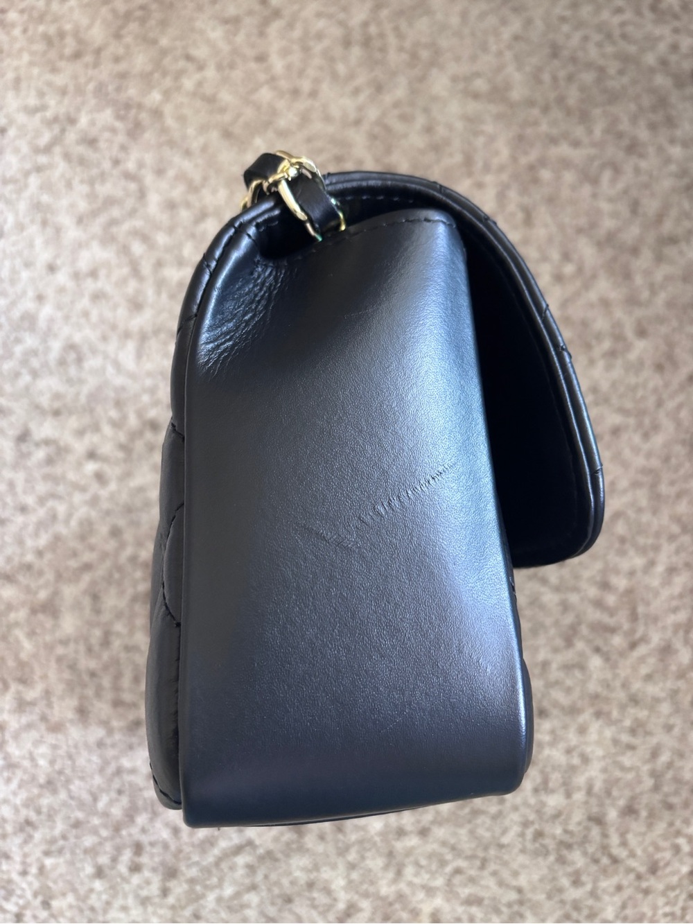Designer-Inspired Quilted Black Italian Leather Flap -Gold Chain Shoulder Bag - Picture 7 of 13